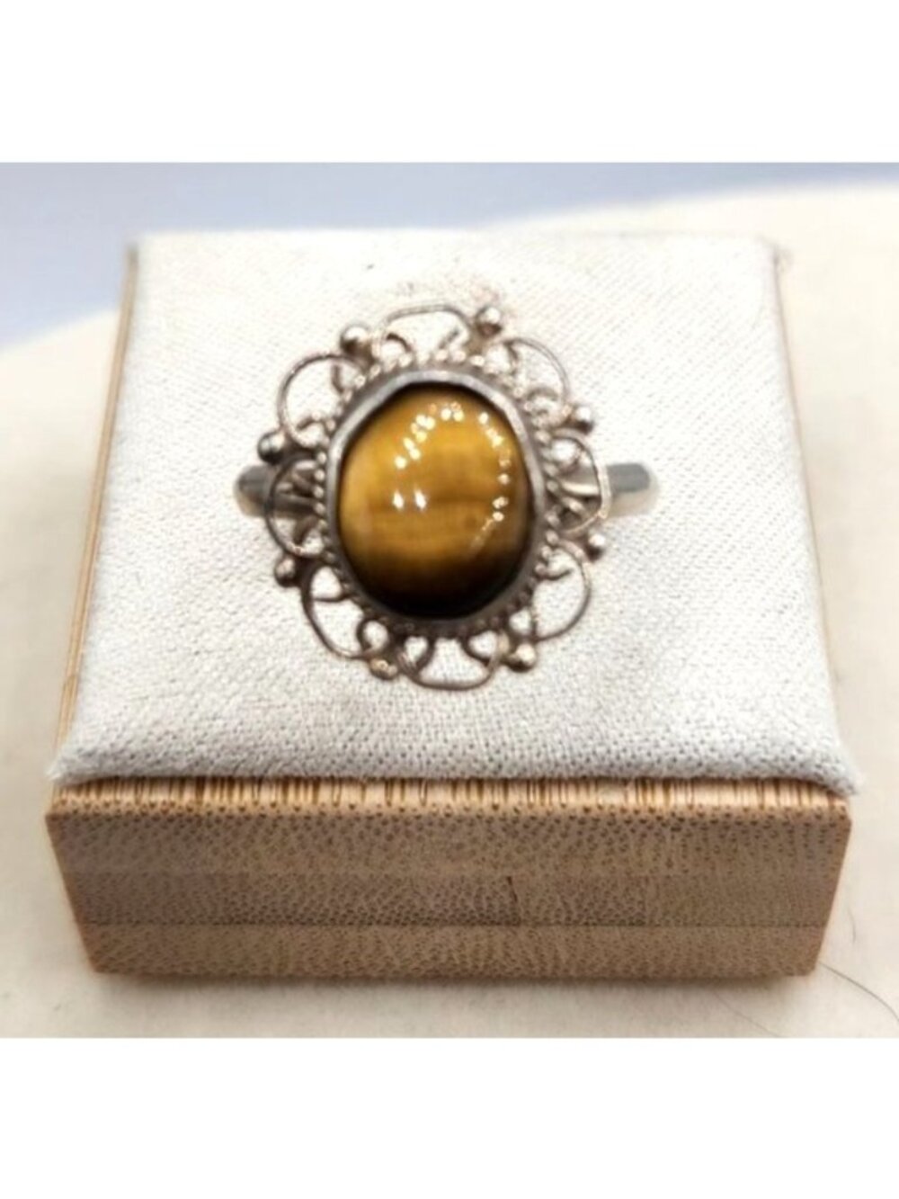 Vintage Silver Filigree Ring With Tigers Eye Stone Oval Cabochon Design